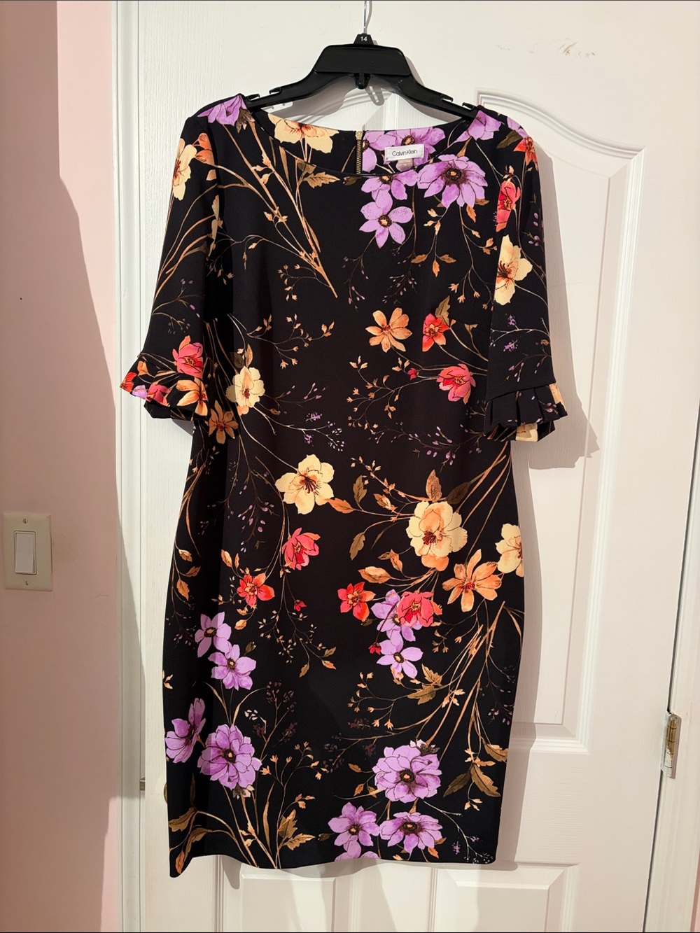 Calvin Klein Black Floral Midi Dress with Purple & Peach Blooms